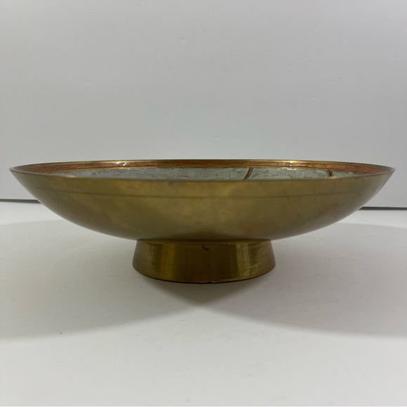 Vintage Hand Painted Enamel & Brass Decorative Bowl Cream Orange Green 9.5” - Picture 3 of 9